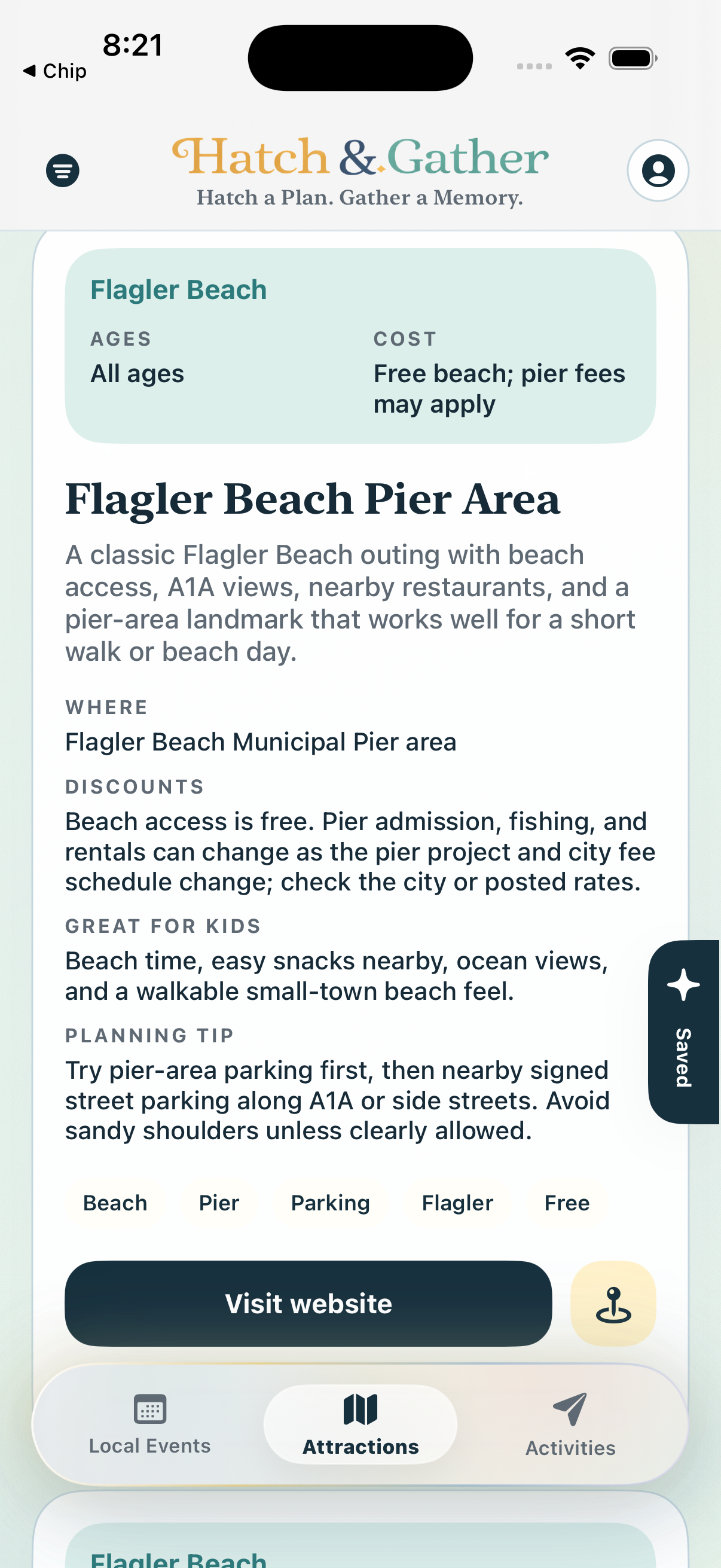 Attractions card for Flagler Beach Pier Area
